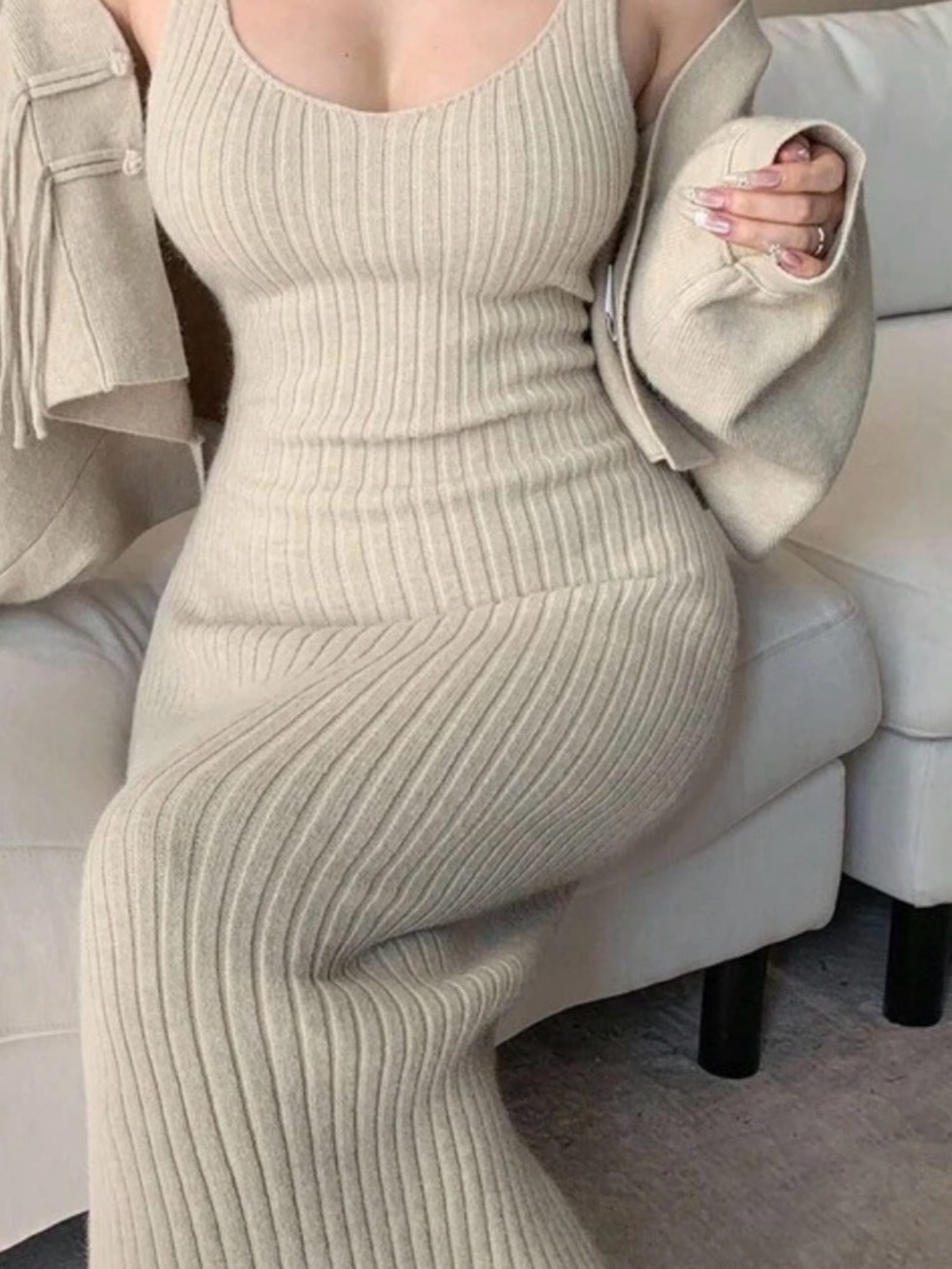 Ribbed Tank Knit Dress in Beige